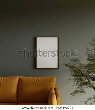 aesthetic wooden frame mockup poster in the modern interior with sofa furniture and plant decoration