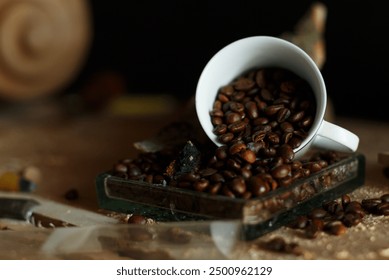 An aesthetically pleasing view of coffee beans beautifully spilling from a classic white mug on a rustic wooden surface - Powered by Shutterstock