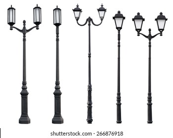 Aet of Old Vintage Street Lamp Post Lamppost Light Pole isolated on white
