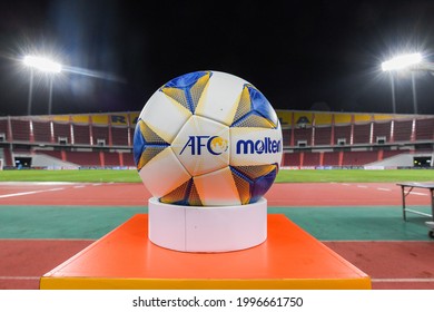 AFC Football Is Displayed Next To The Logo For The Football AFC Champions League Group G Johor Darul Ta’zim And Nagoya Grampus At Rajamangla Stadium On Jun 22, 2021 Bangkok,Thailand.