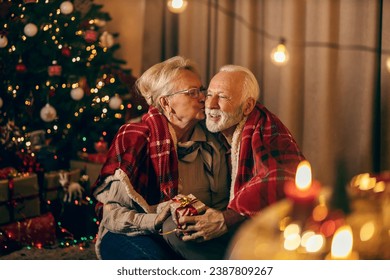 An affectionate christmas senior couple is sharing gifts and spreading love on Christmas and New Year's eve at cozy home. A granny is kissing her husband. - Powered by Shutterstock