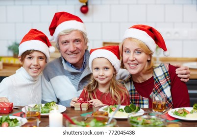 Affectionate Grandparents And Grandchildren Looking At Camera During Christmas Celebration At Home