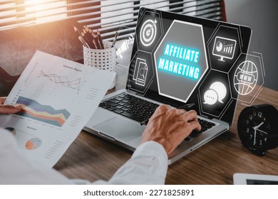Affiliate marketing concept, Business person analyzing financial data on laptop computer with affiliate marketing icon on virtual screen, Digital Marketing content planning advertising strategy.