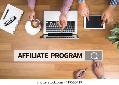 AFFILIATE PROGRAM man touch bar search and Two Businessman working at office desk and using a digital touch screen tablet and use computer, top view