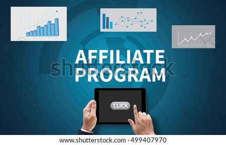 AFFILIATE PROGRAM, on the tablet pc screen held by businessman hands - online, top view