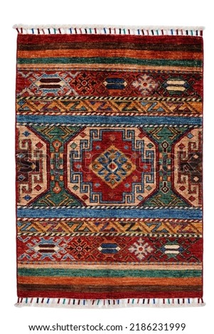 Afghan hand woven rug on a white background