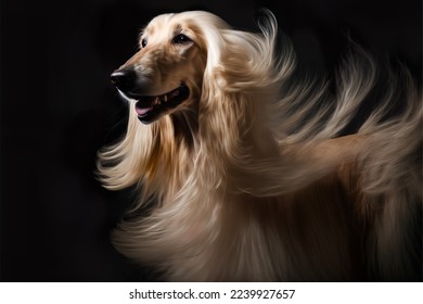 The afghan hound with long hair blonde color on black background