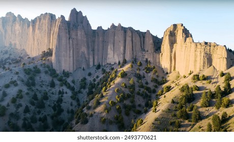 Afghanistan. Aerial view of a rocky mountain with trees on it. It depicts an outdoor landscape with a rocky escarpment. The mountain is located in a village and is part of a desert-like environment  - Powered by Shutterstock