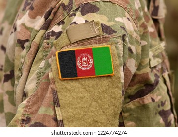  Afghanistan Flag On Soldiers Arm.  Afghanistan Army.  Afghanistan Troops. (collage)