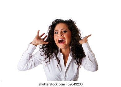 Afraid scared beautiful Caucasian Hispanic Latina young business woman with brown curly hair. Cute tanned brunette, ethnic girl in white shirt, yelling and screaming of fear, isolated.