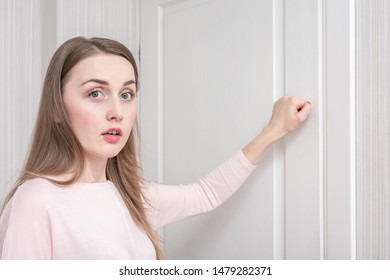 Afraid Woman Knocks On The Door, Girl Came To Visit, Portrait, Close Up