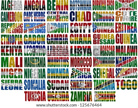 Africa countries flag words on a white background