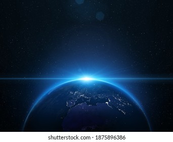 Africa, Europe, and Asia at night viewed from space with city lights. View of Earth from space. Elements of this image furnished by NASA. 
