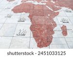Africa map of Portuguese discoveries and colony conquests made of marble stone in Belem district of Lisbon, Portugal.