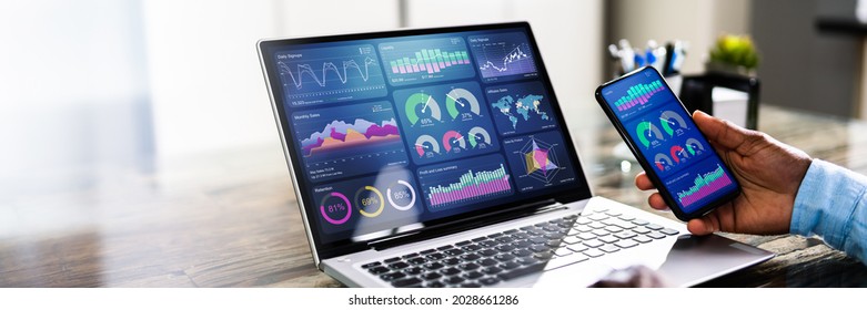 African Advisor Using KPI Dashboard With Financial Analytics Graphs - Shutterstock ID 2028661286