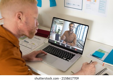 African american albino businessman discussing plan with male colleague through laptop in office. unaltered, online, wireless technology, video conference, discussion, internet, business, teamwork. - Powered by Shutterstock