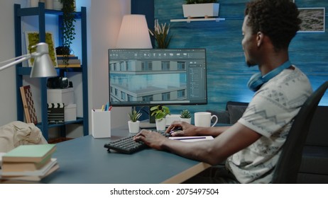 African American Architect Working On Building Model Plan For Urban Construction. Black Person Using Computer To Design And Edit Skyscraper Layout For Blueprint. Architectural Project