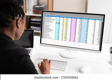 African American Auditor Using Electronic Spreadsheet On Computer