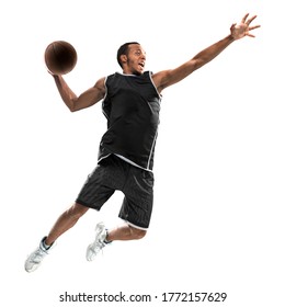 African American Basketball Player In Action With A Ball Isolated On White Background