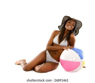 African American Bikini Girl With A Beach Ball - Isolated