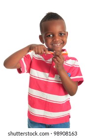 African American Black Child With A Tooth Brush Isolated Metisse Hair Curly