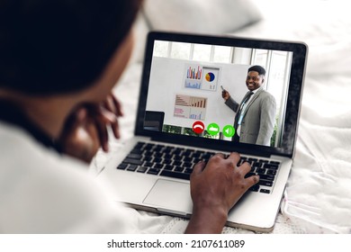 African American Black Woman Talk Speak Using Desktop Computer Working And Video Conference Online Meeting With Colleagues At Home.Creative African Woman Talk Video Chat Call With Business Team