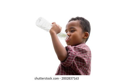 African American Boy Drinking Water On White Background