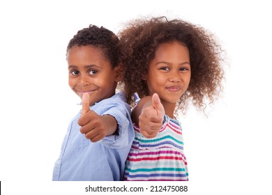 African American Boy And Girl Making Thumbs Up Gesture, Isolated On White Background - Black People