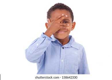 African American Boy Hiding Eyes, Isolated On White Background  - Black People