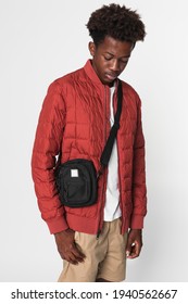 African American Boy In Red Nano Puff Jacket Winter Apparel Shoot