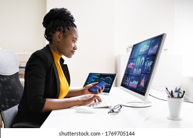 African American Business Data Analyst Woman Using Computer