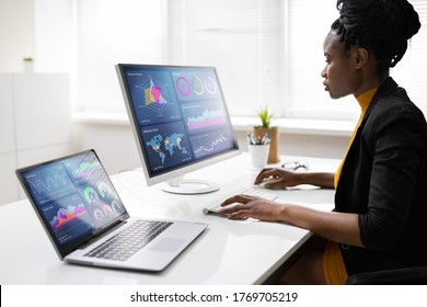 African American Business Data Analyst Woman Using Computer