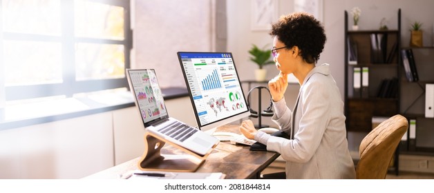 African American Business Data Analyst Woman Using Computer