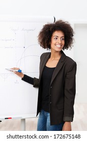 African American business woman giving a presentation standing in front of a flip chart with a marker pen in her hand turning to smile at her work colleagues