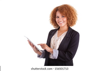 African American Business Woman Using A Tactile Tablet, Isolated On White Background - Black People