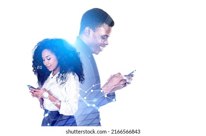 African american businessman and businesswoman working together, using mobile app. Double exposure of stock market chart with lines. Concept of teamwork. Copy space