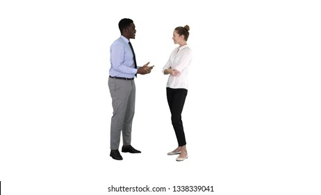 African american businessman explaining something to his collegue on white background.
