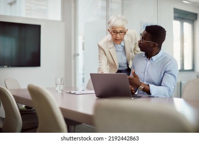 African American Businessman And  Senior Female Executive Cooperating While Working On A Computer In The Office.