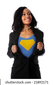 African American businesswoman dressed as super hero