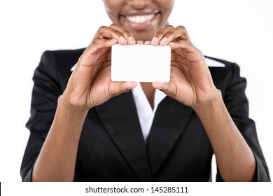 African American Businesswoman Holding Business Card On White Background. Close Up