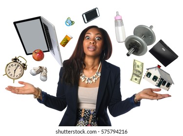 African American businesswoman juggling many objects and feeling overwhelmed - Powered by Shutterstock