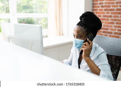 African American Call Center Desk Woman Wearing Medical Mask