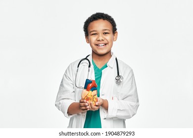 African American child during learning human anatomy, holds an anatomical heart model, to study body structure. Isolated on white - Powered by Shutterstock