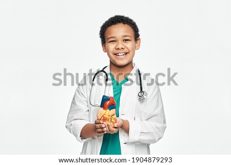 African American child during learning human anatomy, holds an anatomical heart model, to study body structure. Isolated on white