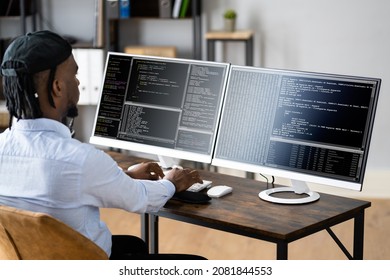 African American Coder Using Computer At Desk. Web Developer