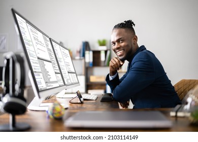 African American Coder Using Computer At Desk. Web Developer