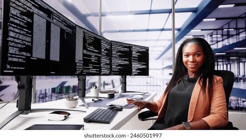 African American Coder Using Computer At Desk. Web Developer