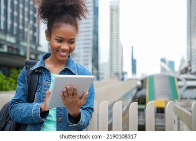 African American College Student In City, Scholarships To Study Abroad, Happy Woman Smile Portrait, Young College Girl. Scholarship, Exchange Student Urban Concept. Work And Travel After Graduation.