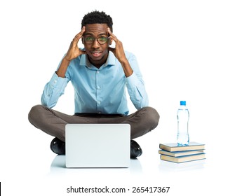 African American College Student With Laptop, Books And Bottle Of Water Sitting On White Background