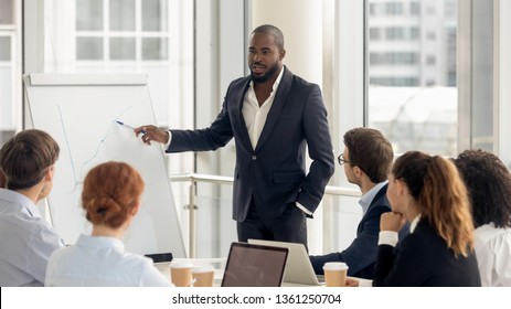 African American Conference Speaker Coach Talk To Audience Give Presentation On Flipchart To Employees Group, Black Trainer Manager Speaking Training Diverse Corporate Team At Office Meeting Seminar